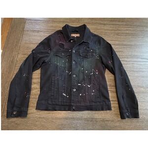 Crysp Denim Mens Black Paint Splatter Distressed Trucker Jacket Size M